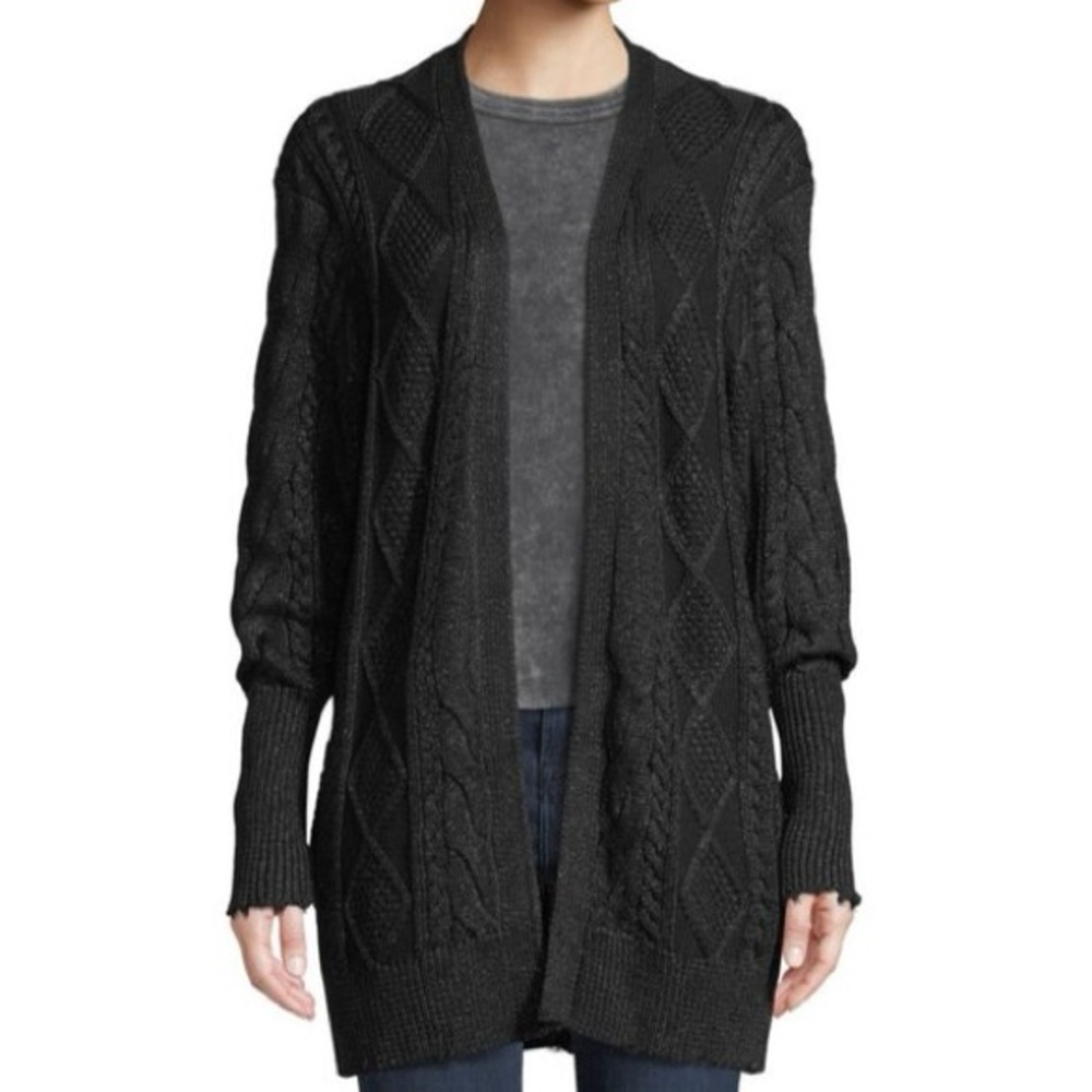 Sz XS RtA Black Serge Metallic Cable Knit Open Front Frayed Edge Cardigan